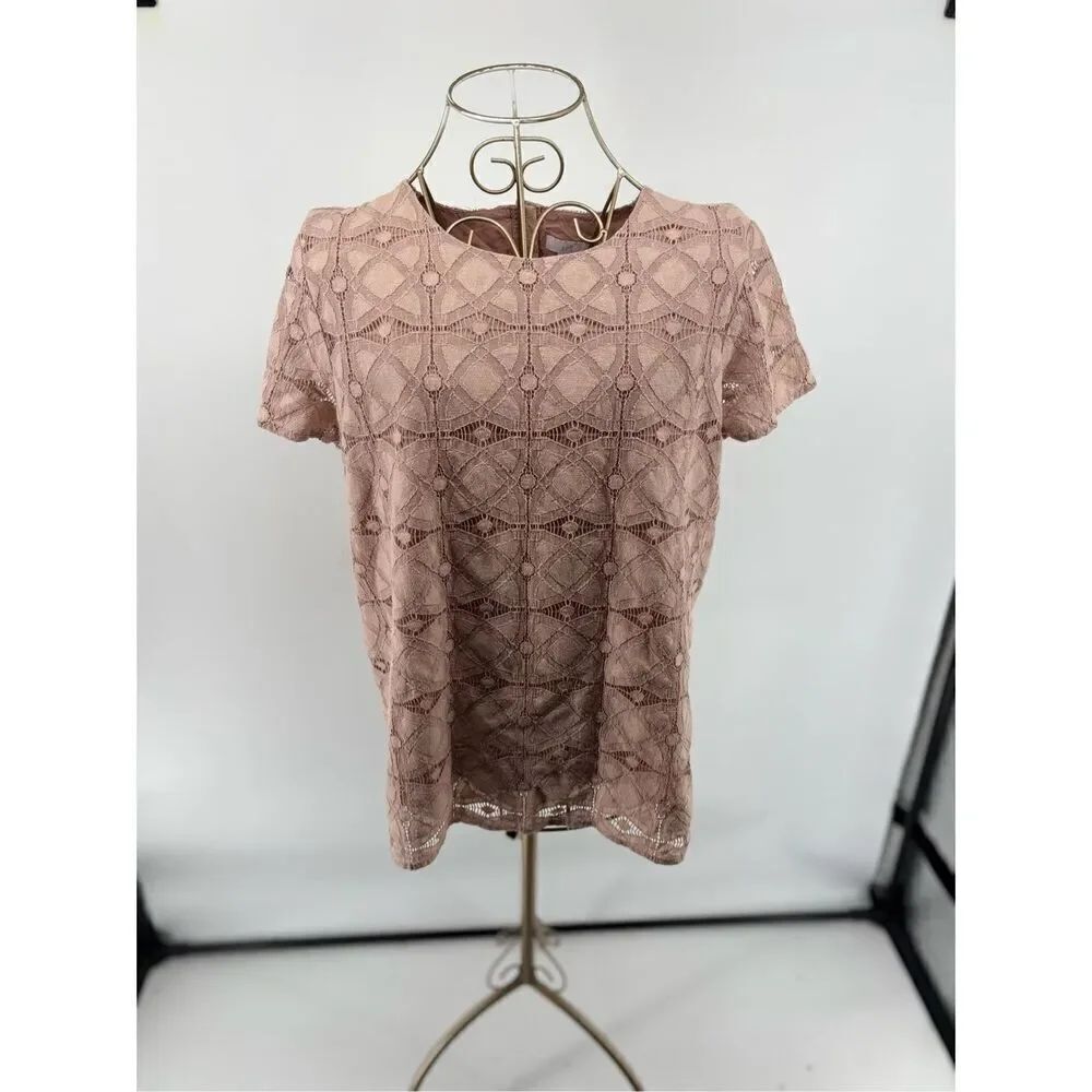 J. Jill Lace Short Sleeve Top Lined Round Neck Size Small Pink